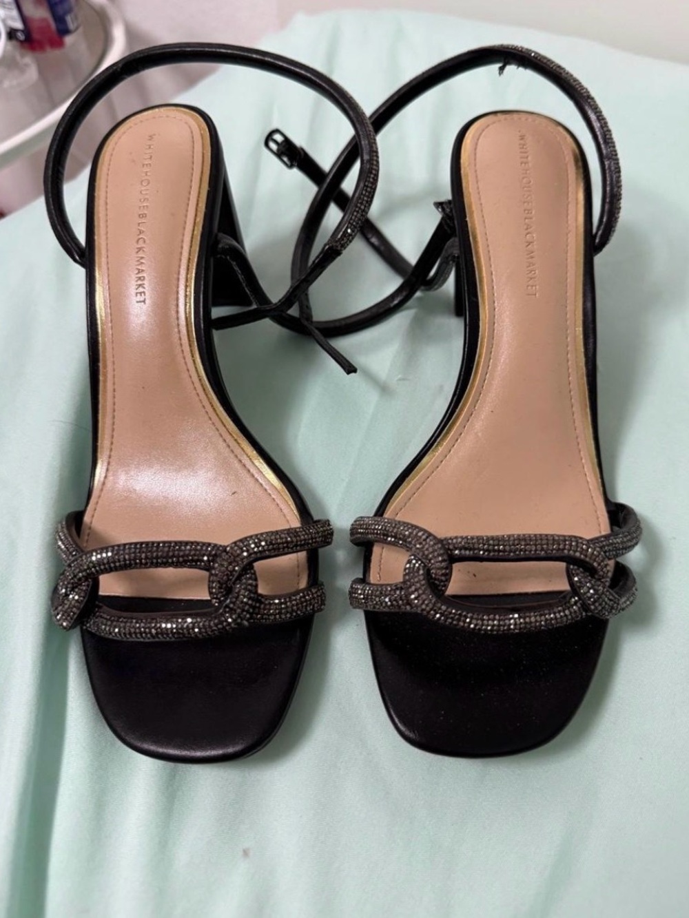 Express Black Ankle-Strap Chain-Link Embellished Heels